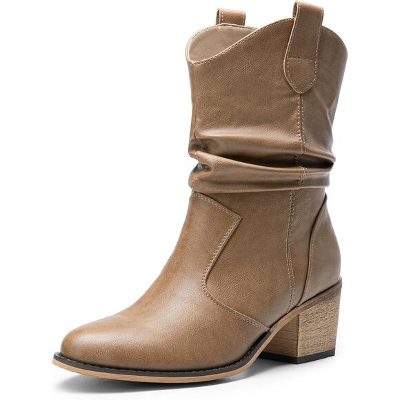 Women's Brown Modern Cowboy Boots Mid Calf Round Toe Chunky Heel Ankle Boots - Picture 1 of 7